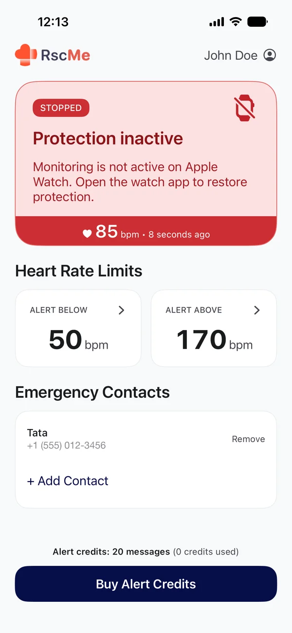 RscMe dashboard showing protection inactive
