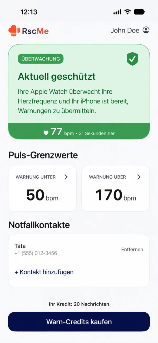 RscMe-Dashboard mit aktiver Herzfrequenzüberwachung