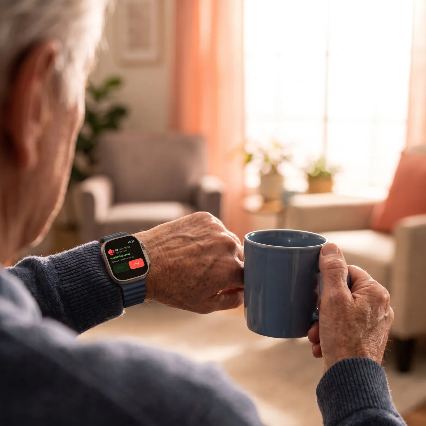 Älterer Mann mit Kaffeetasse schaut zu Hause auf seine Apple Watch, auf der RscMe die aktive Pulsüberwachung zeigt, bereit, seine Kontakte zu benachrichtigen